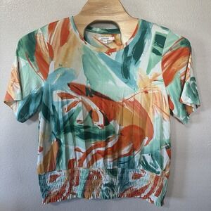 Chicos Banded Elastic Hem Top Womens Size 3/XL Blue Orange Short Sleeve‎ Shirt